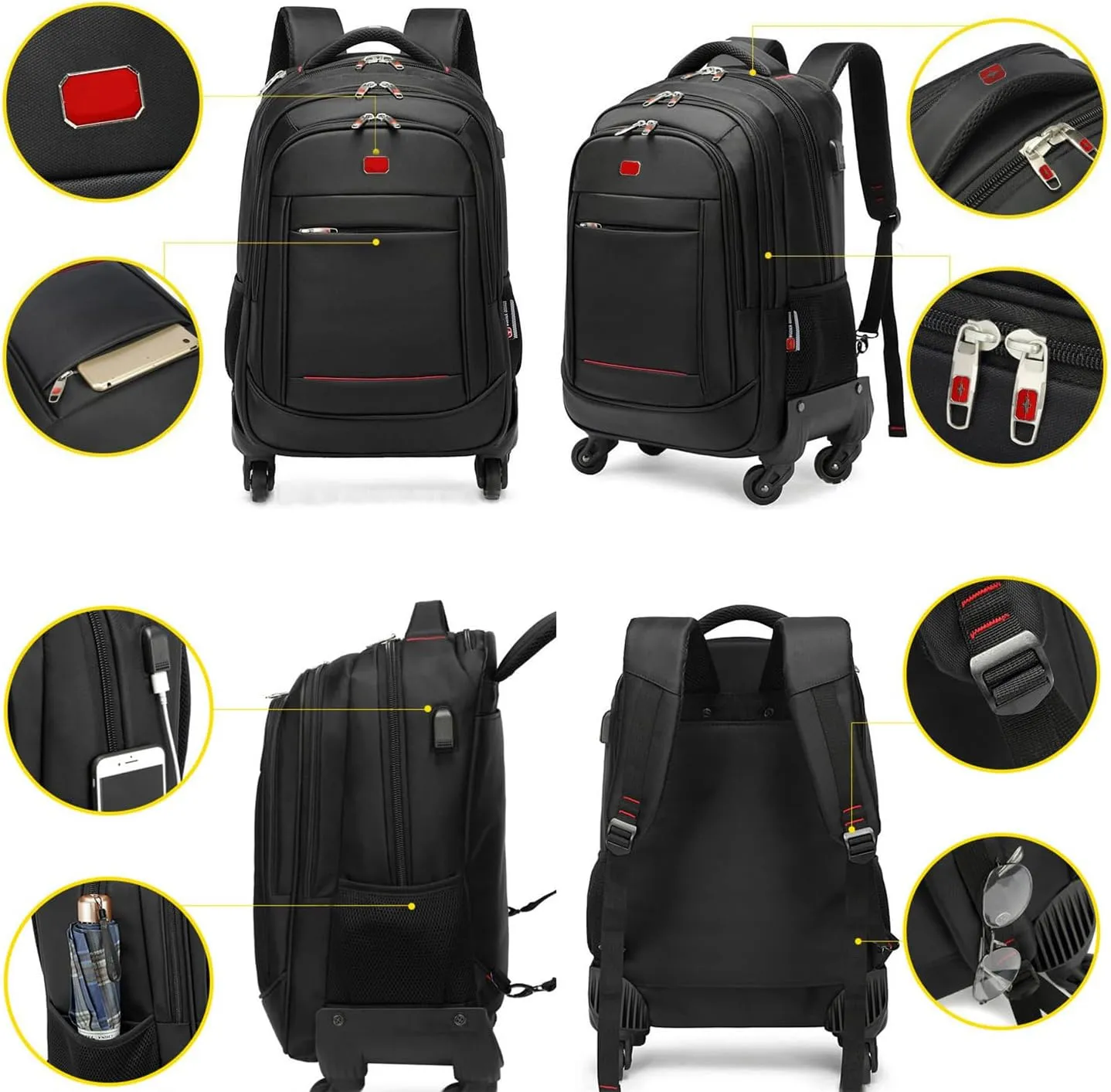 22in Rolling Backpack with 360 Detachable Wheels for Men Women Airline Approved Carry on Large Size Laptop Travel Business Luggage Bag (Black,20in)