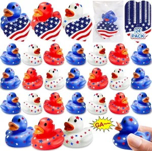 24 Pack 2'' Patriotic Rubber Duck with Cards 4th of July Party Favors Baby Bath Toys Float Ducks Squeeze Squeak Summer Beach Pool Fourth July Supplies Red White Blue Gift Independence Day Memorial Day