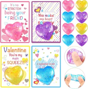 24 Pack Valentines Heart Stress Ball with Greeting Cards for Kids Classroom Gift Exchange Squeeze Relief Balls Fidget Stretchy Toys for Boys Girl Valentines Day Party Favors Supplies