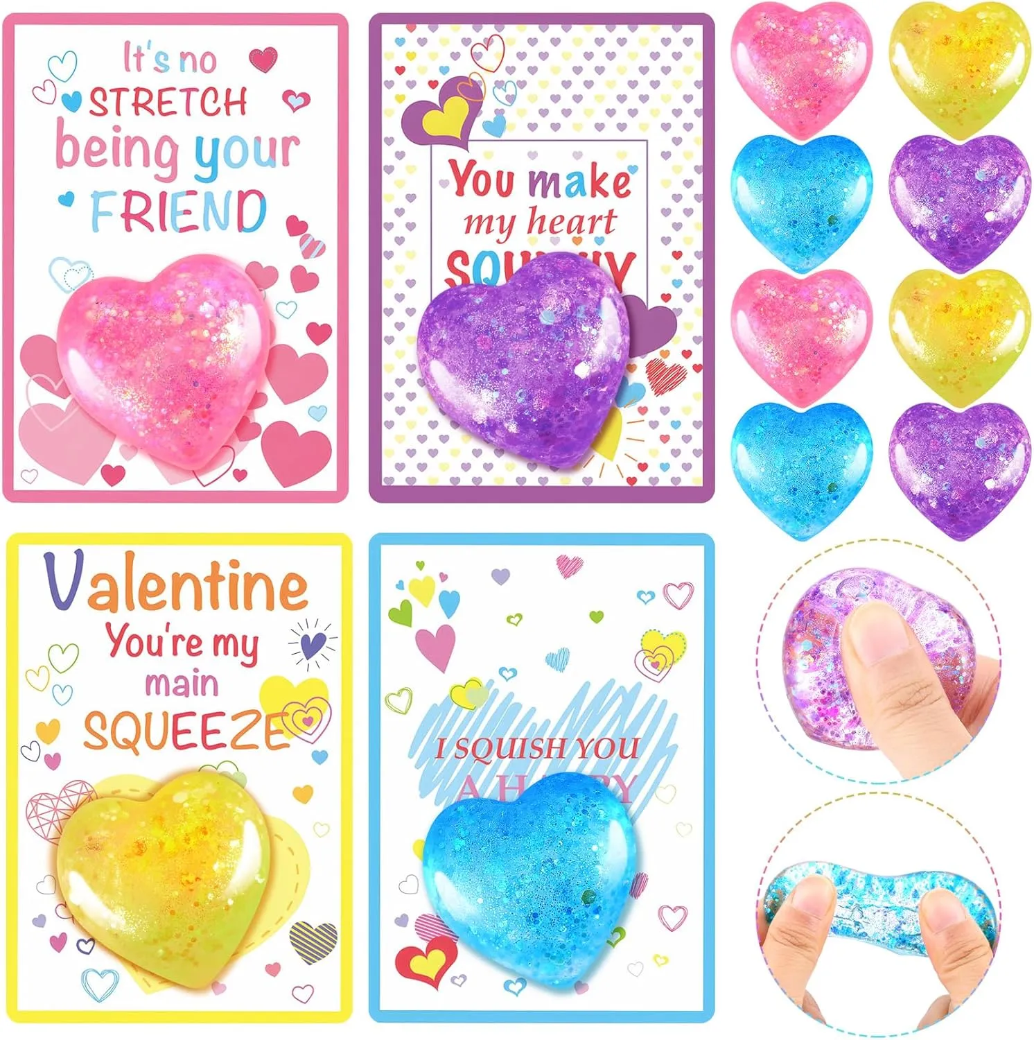 24 Pack Valentines Heart Stress Ball with Greeting Cards for Kids Classroom Gift Exchange Squeeze Relief Balls Fidget Stretchy Toys for Boys Girl Valentines Day Party Favors Supplies