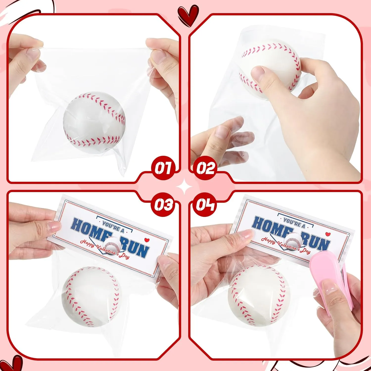 24 Pcs Valentine's Day Mini Baseball Sports Stress Balls with Headers Self Sealing Bag Mini Stapler Staples Valentines Party Favor Toy Gifts for Kids Classroom Exchange Prizes Anxiety Relief