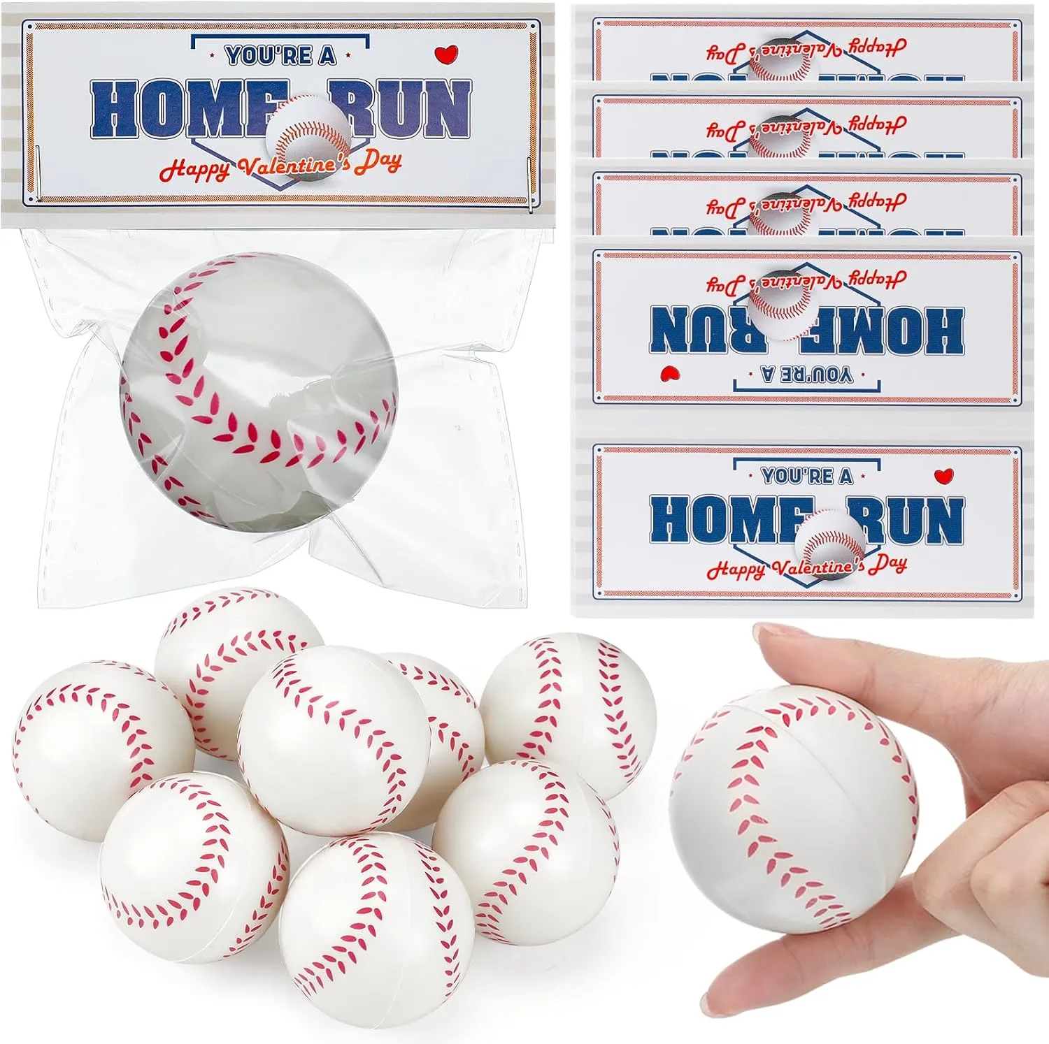 24 Pcs Valentine's Day Mini Baseball Sports Stress Balls with Headers Self Sealing Bag Mini Stapler Staples Valentines Party Favor Toy Gifts for Kids Classroom Exchange Prizes Anxiety Relief