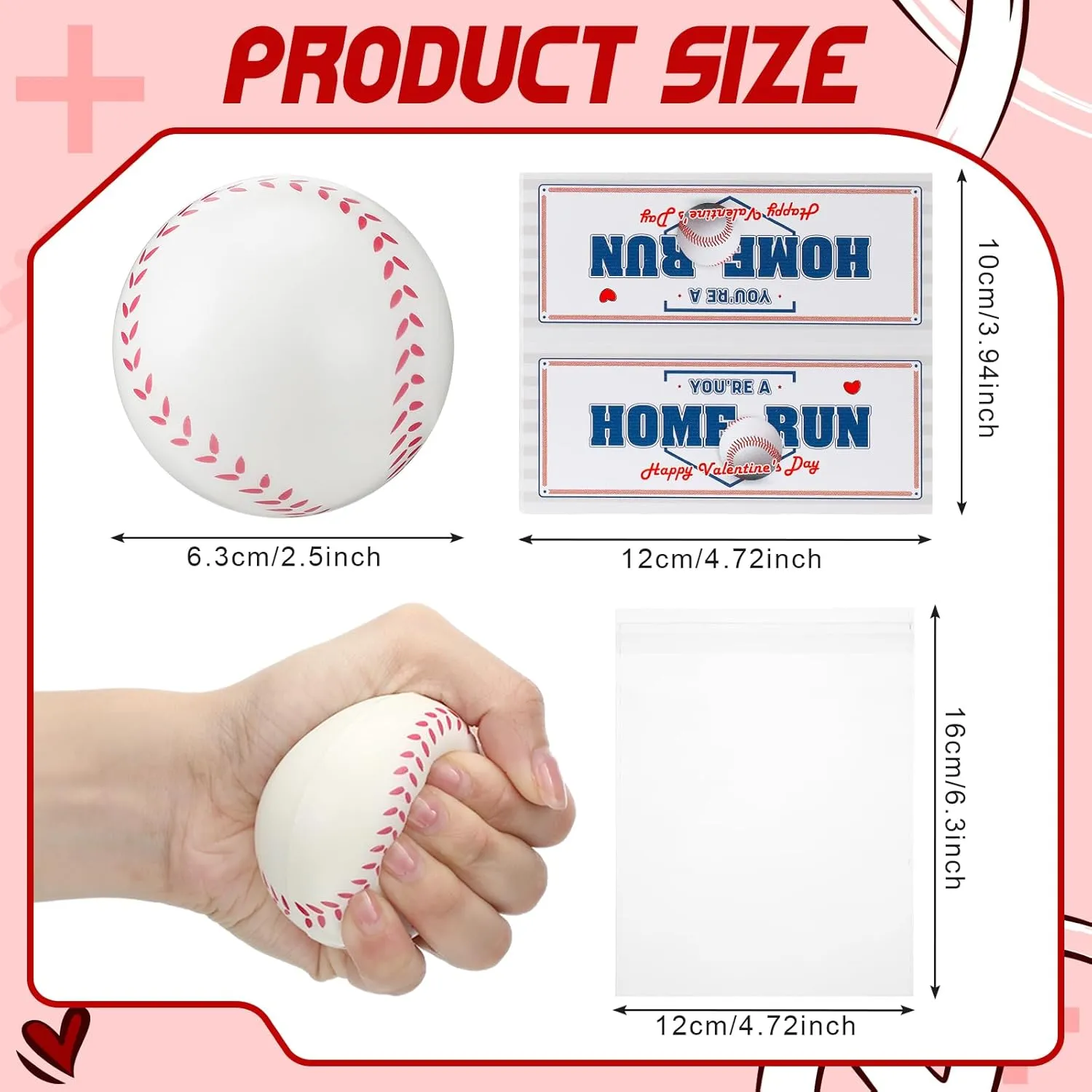 24 Pcs Valentine's Day Mini Baseball Sports Stress Balls with Headers Self Sealing Bag Mini Stapler Staples Valentines Party Favor Toy Gifts for Kids Classroom Exchange Prizes Anxiety Relief