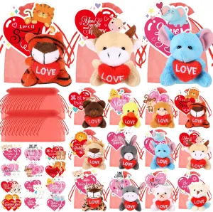 24 Set Valentines Day Gifts for Kids, Valentines Mini Stuffed Animals Set for Kid Classroom, Valentines Plush Animal Toy with Mesh Bag and Heart Card Valentines Classroom Gift Exchange