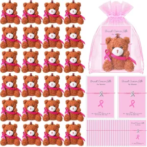 24 Sets Breast Cancer Awareness Accessories Set Breast Cancer Stuffed Bears with Pink Ribbon, Adjustable Bracelets with Organza Bags, Cancer Gifts for Charity Party Favors