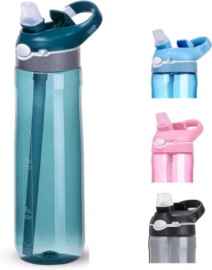 24oz Dark Cyan Water Bottle With Narrow Straw, BPA FREE Clear Bottles With Handle One Hand Use Easy Carried, Flip Up, Suit School, Office, Gym, Office