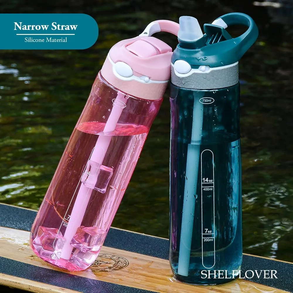 24oz Dark Cyan Water Bottle With Narrow Straw, BPA FREE Clear Bottles With Handle One Hand Use Easy Carried, Flip Up, Suit School, Office, Gym, Office