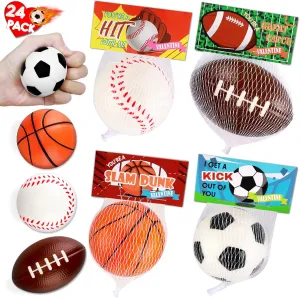 24Pack Stress Balls with Cards for Kids School Exchange Mini Sports Balls Fidget Toys Bulk Party Favors Boys Goodie Bags Stuffers