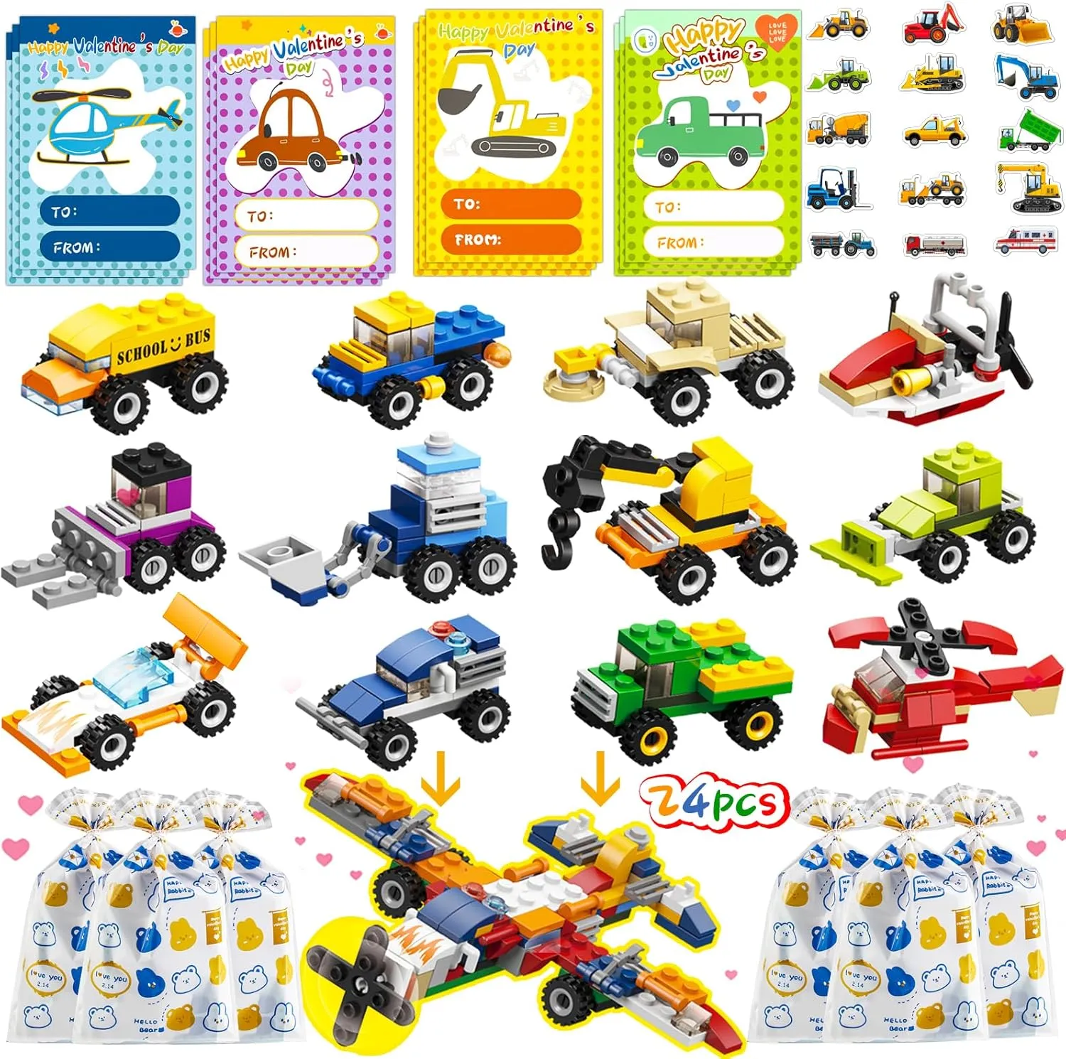 24PCS Valentines Day Gifts for Kids, Building Blocks with Valentines Cards for Kids Classroom, Valentines Gifts School Exchange Party Favors for Kids Boys Girls