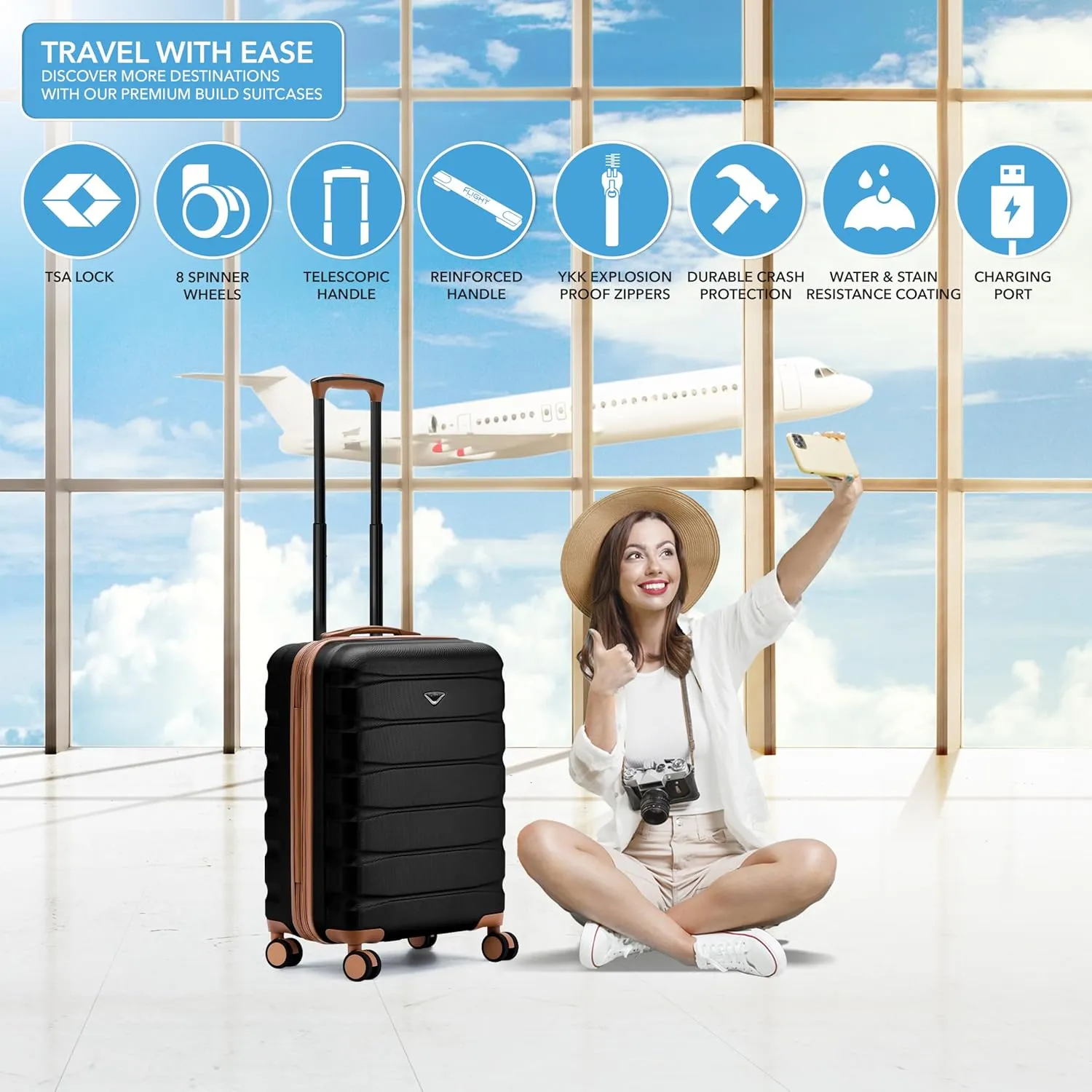 24x16x10 Carry On Suitcase Hardside TSA Lock USB Lightweight Luggage Silent Double Spinner Wheels Maximum Overhead Carry-On Bag For Virgin & South West Approved Airlines