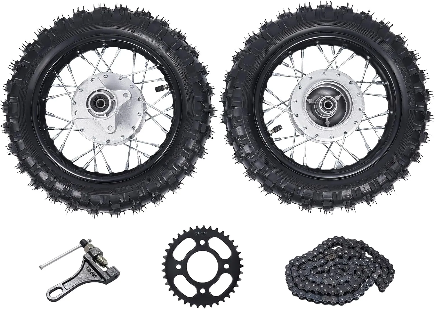 2.50-10 Dirt Bike Tire Front & Rear Tire Assembly Wheel Kit Wheel Rim with Chain & Sprocket Pit Bike Wheels for Honda CRF50 XR50 BBR KLX Dirt Bikes