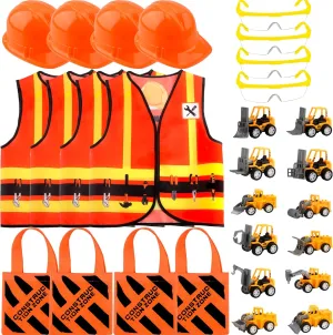 28 Pcs Kids Construction Costume Set Include 4 Construction Hat 4 Vest 12 Truck Toy for Halloween Supplies
