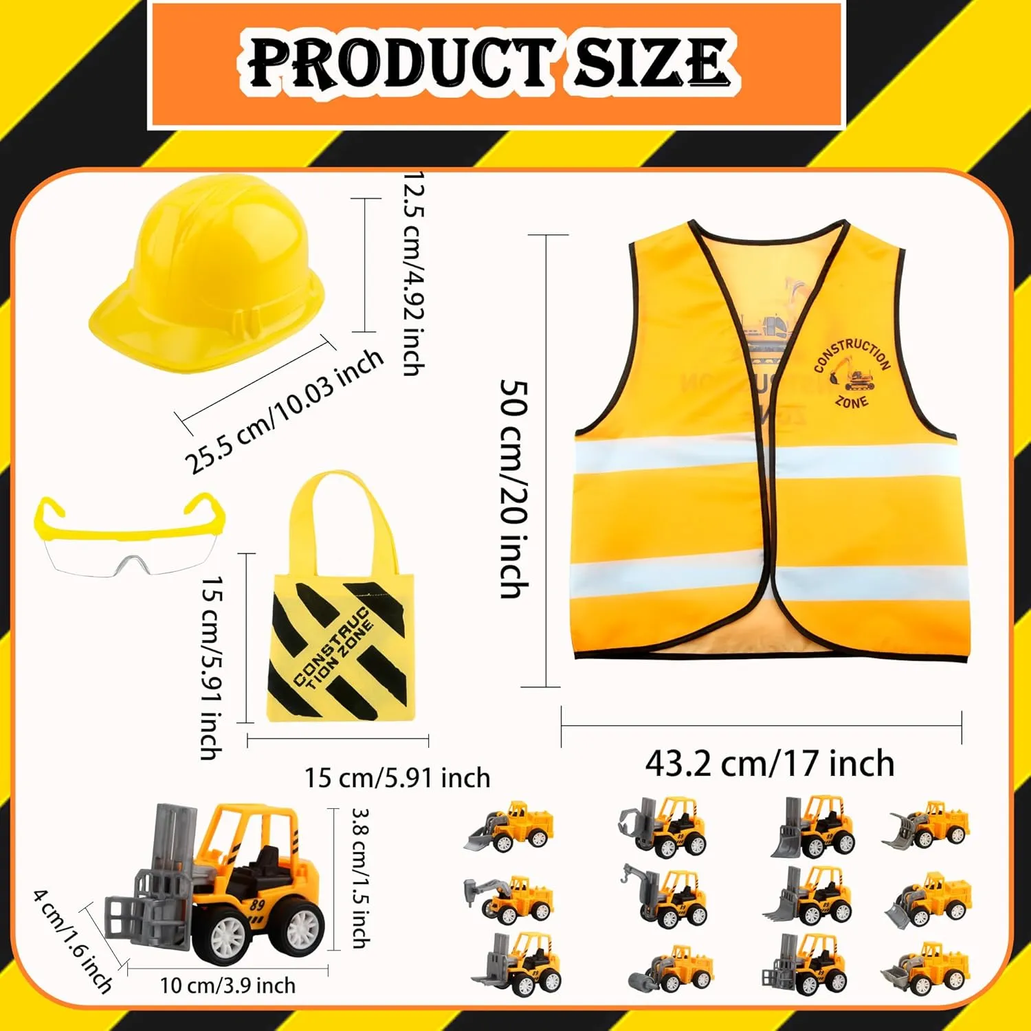 28 Pcs Kids Construction Costume Set Include 4 Construction Hat 4 Vest 12 Truck Toy for Halloween Supplies