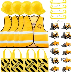 28 Pcs Kids Construction Costume Set Include 4 Construction Hat 4 Vest 12 Truck Toy for Halloween Supplies