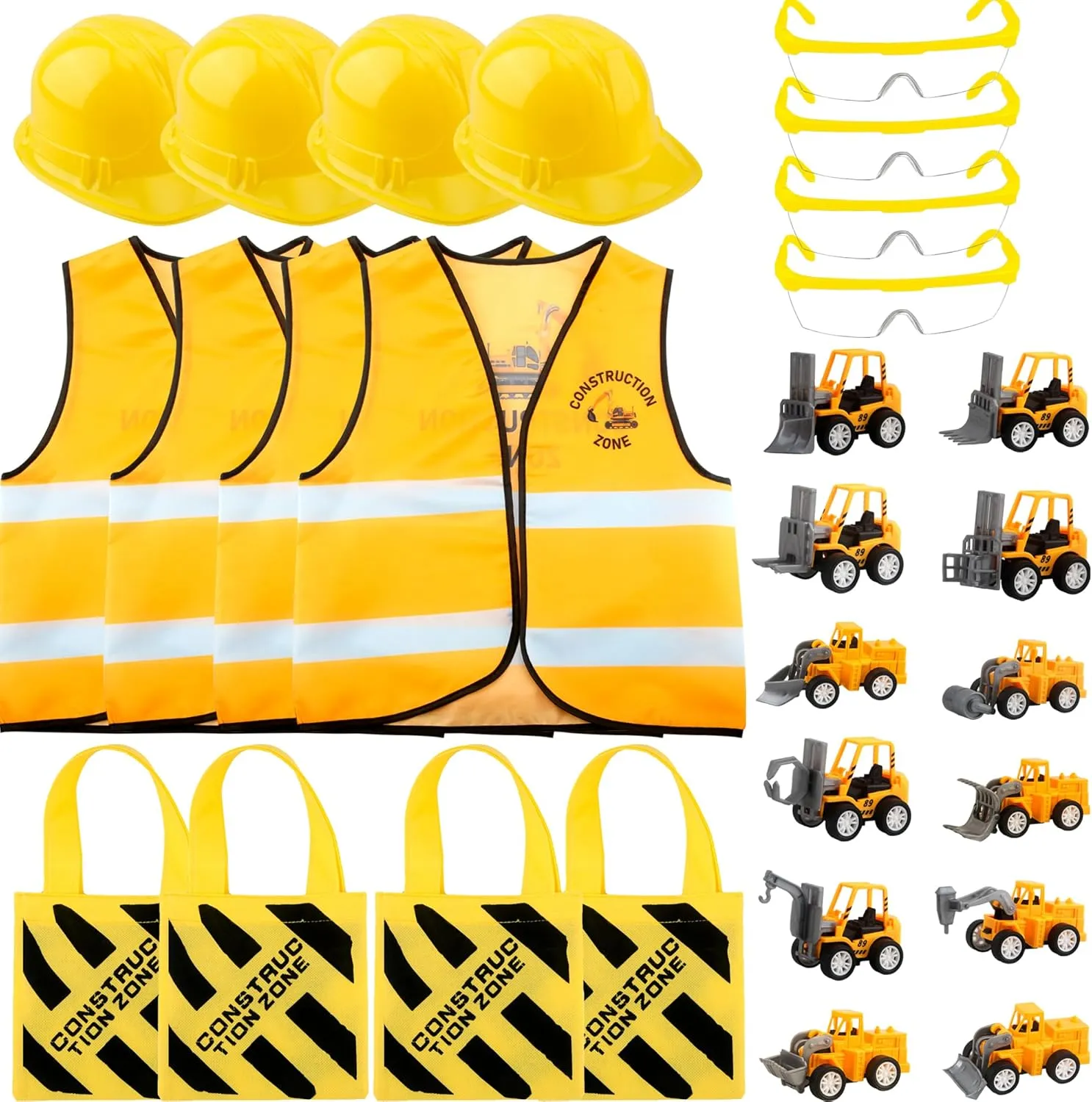 28 Pcs Kids Construction Costume Set Include 4 Construction Hat 4 Vest 12 Truck Toy for Halloween Supplies