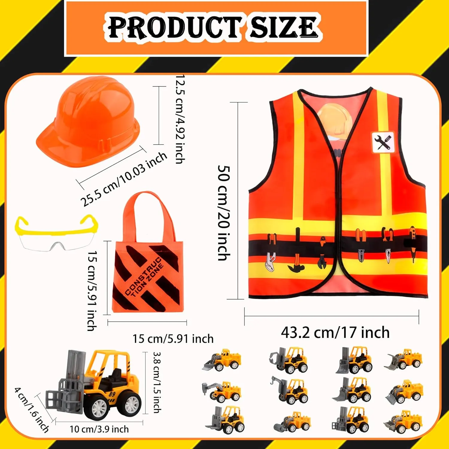 28 Pcs Kids Construction Costume Set Include 4 Construction Hat 4 Vest 12 Truck Toy for Halloween Supplies