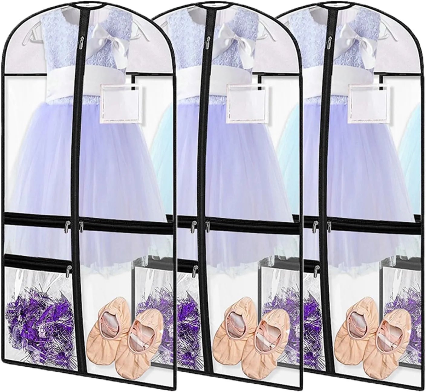 3 pack Clear PVC Dance Garment Bags for Dancers,Waterproof Dance Costume Garment Bag,Clear garment bags for hanging clothes,39in Garment bag for Dance Competitions,Kids Garment Bag for Travel Storage