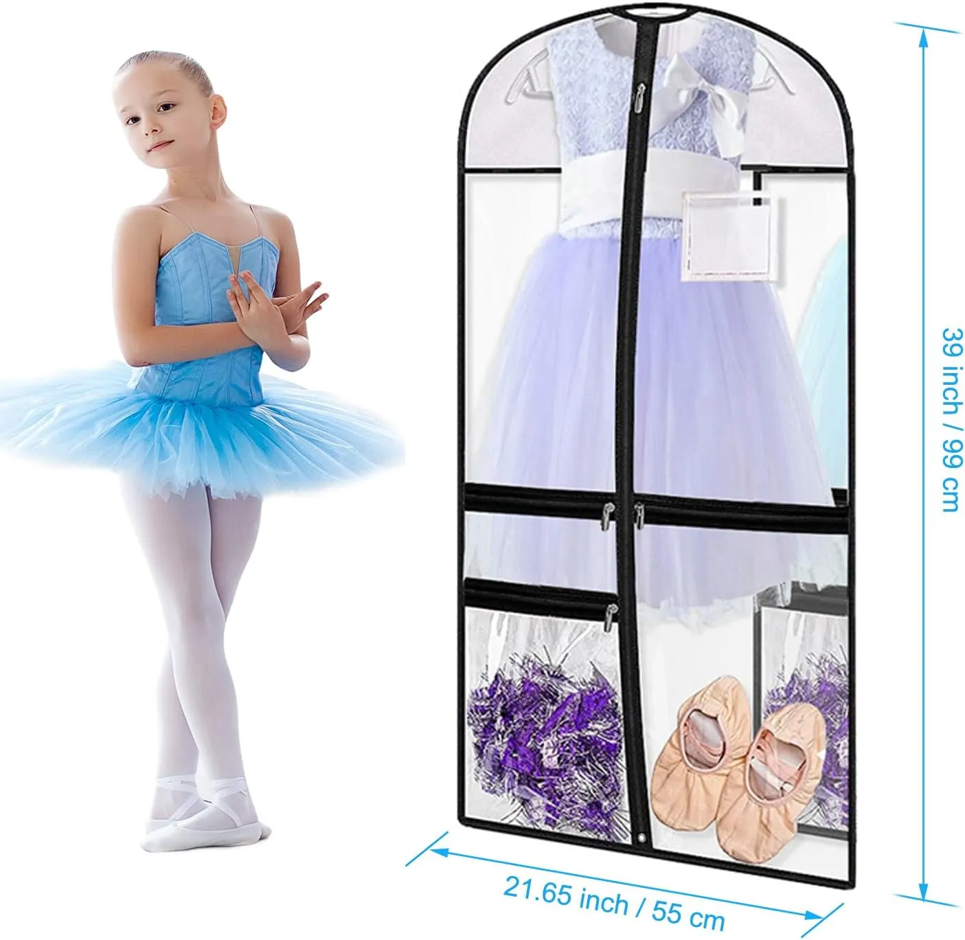 3 pack Clear PVC Dance Garment Bags for Dancers,Waterproof Dance Costume Garment Bag,Clear garment bags for hanging clothes,39in Garment bag for Dance Competitions,Kids Garment Bag for Travel Storage