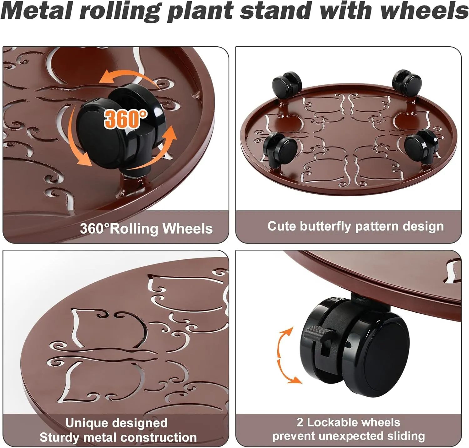3 Packs 12 inches Large Metal Plant Caddy with Wheels Round Planter Dolly Pot Mover Rollers Wrought Iron Rolling Plant Stands Indoor Outdoor Wheeled Plant Holder Coaster Trolley, Butterfly, Brown