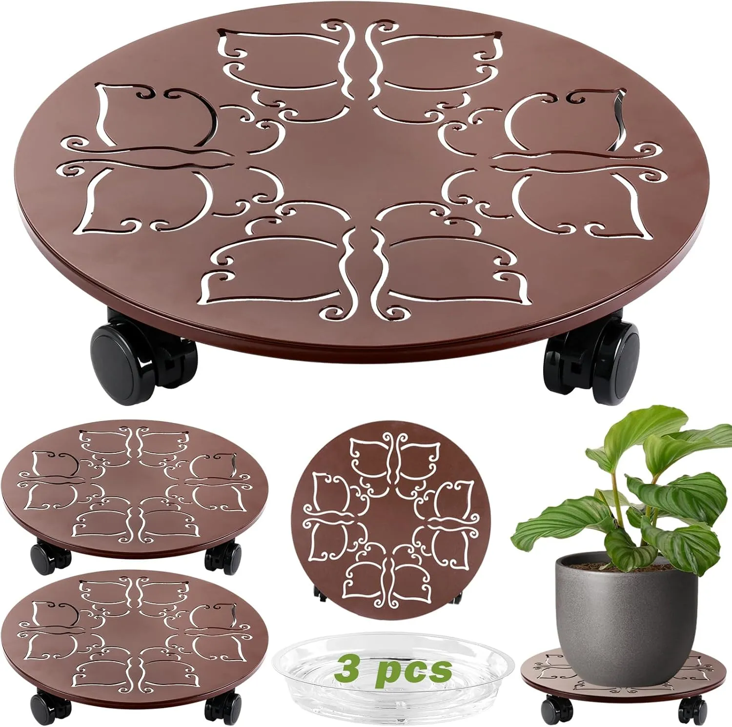 3 Packs 12 inches Large Metal Plant Caddy with Wheels Round Planter Dolly Pot Mover Rollers Wrought Iron Rolling Plant Stands Indoor Outdoor Wheeled Plant Holder Coaster Trolley, Butterfly, Brown