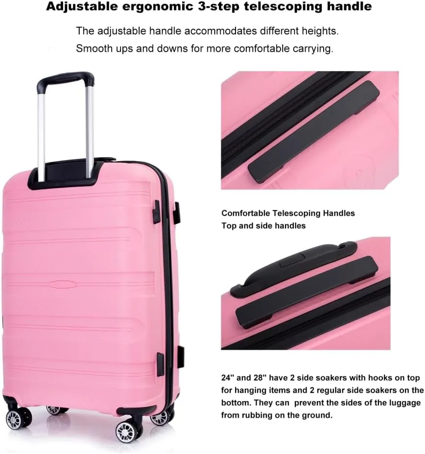 3-Piece Hardshell Luggage Set (20"/24"/28") - Lightweight PP Suitcases with Lock & 360° Spinner Wheels - Expandable Carry-On & Checked Luggage (Pink   Polypropylene)