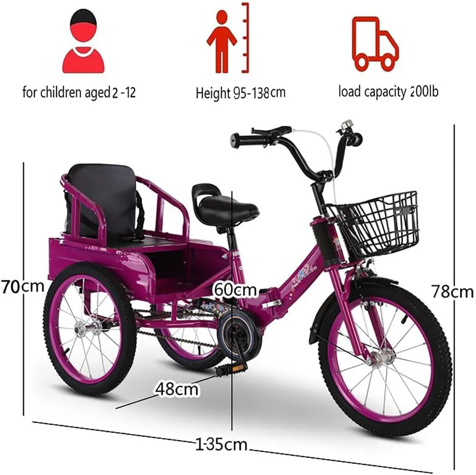 3 Wheel Kids Pedal Bike,Folding Big Size Baby Tricycle with Seat and Pedal Strengthen The Vehicle Body to Ensure Safe Load-Carrying Capacity More Solid,Red,18in