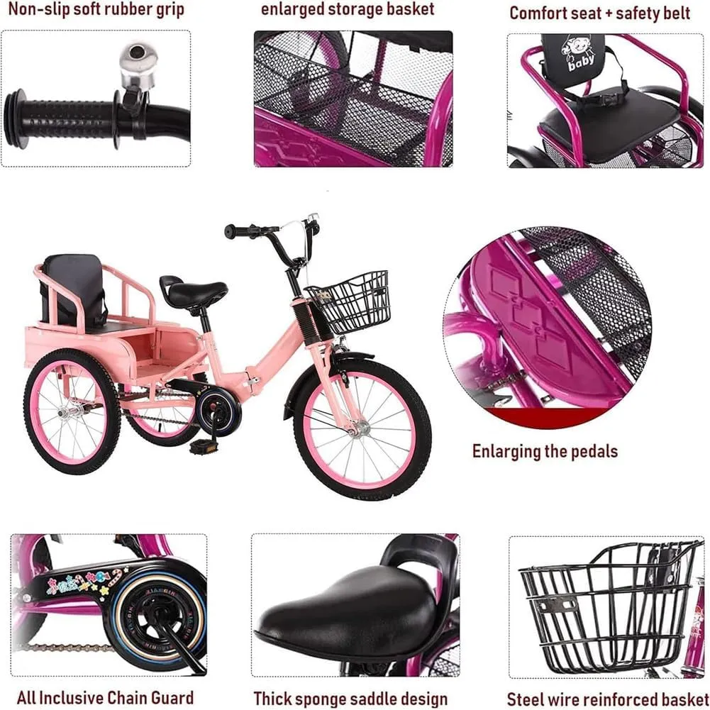 3 Wheel Kids Pedal Bike,Folding Big Size Baby Tricycle with Seat and Pedal Strengthen The Vehicle Body to Ensure Safe Load-Carrying Capacity More Solid,Red,18in