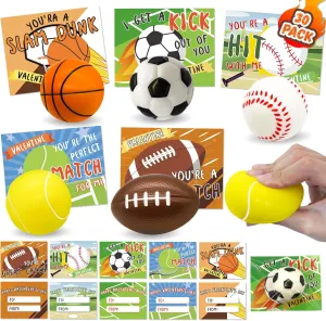 30 Pack Sports Stress Balls Sets, Valentines Day Gifts Cards for Kids Classroom Exchange Prize, Valentine's Sports Squeeze Foam Balls Party Favors for Boys Girls, Valentine's Greeting Cards