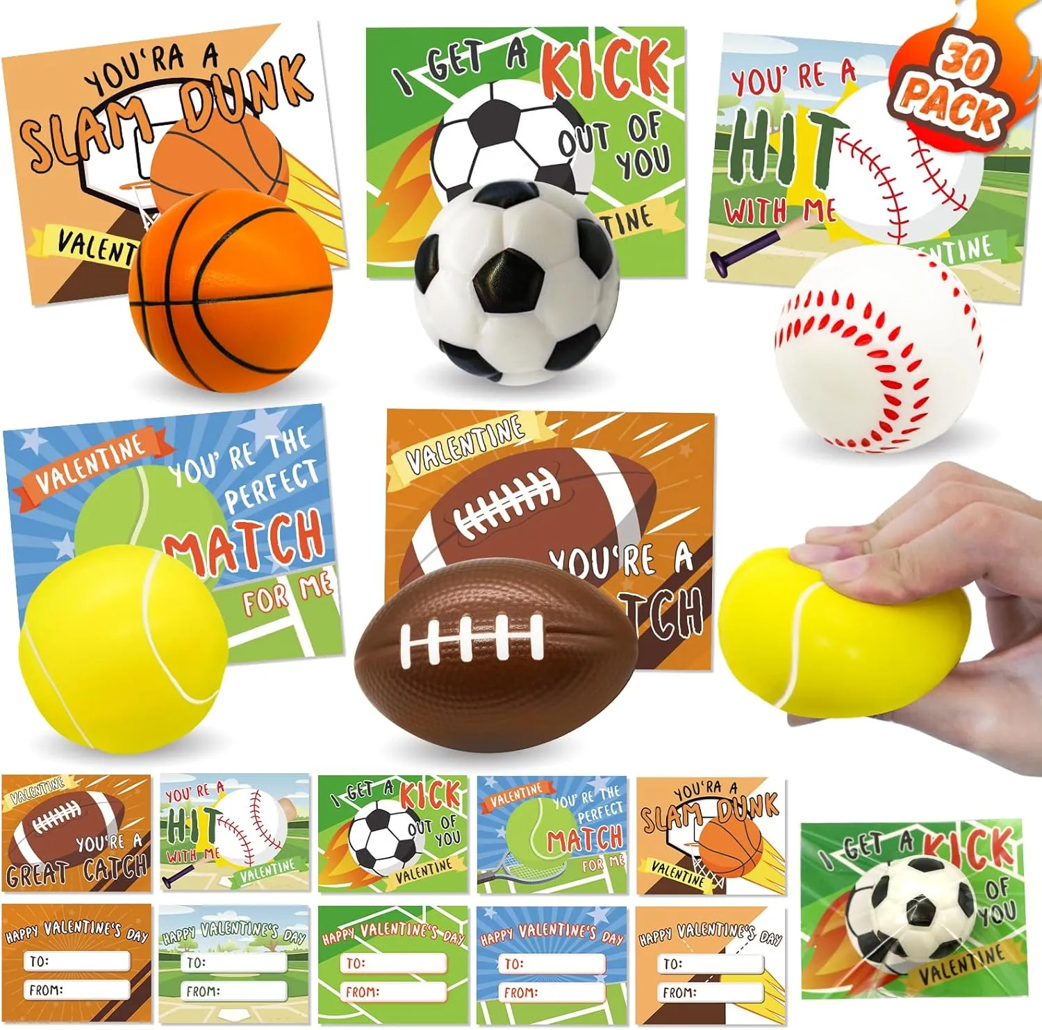 30 Pack Sports Stress Balls Sets, Valentines Day Gifts Cards for Kids Classroom Exchange Prize, Valentine's Sports Squeeze Foam Balls Party Favors for Boys Girls, Valentine's Greeting Cards