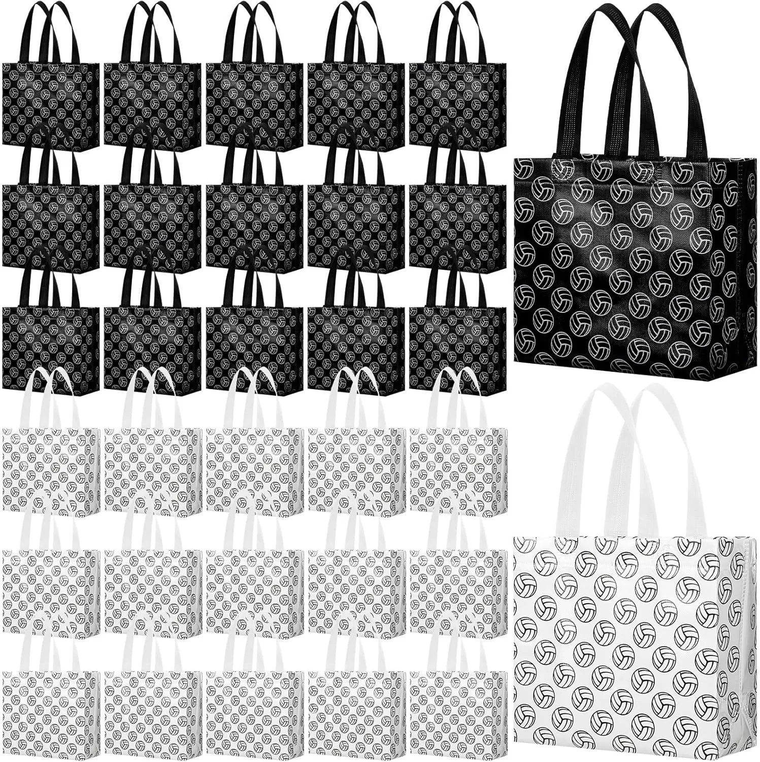 30 Pcs Volleyball Gift Bags for Team with Handles Reusable Volleyball Favor Snack Treat Bag for Sport Theme Birthday Party Decor, Black and White