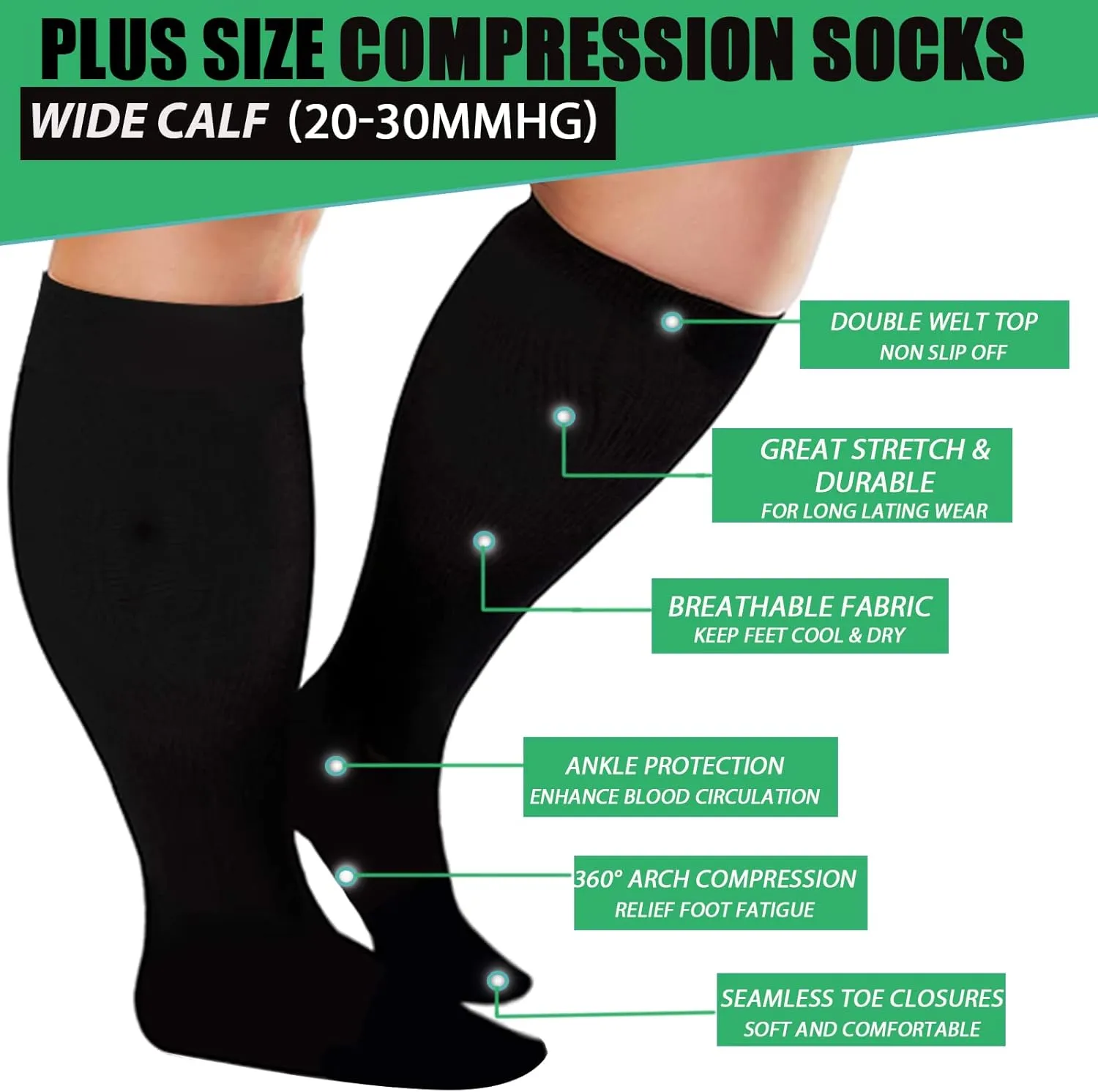 4 Pairs Plus Size Compression Socks for Women and Men 20-30 mmHg, Wide Calf Stockings Best Support for Circulation, Running