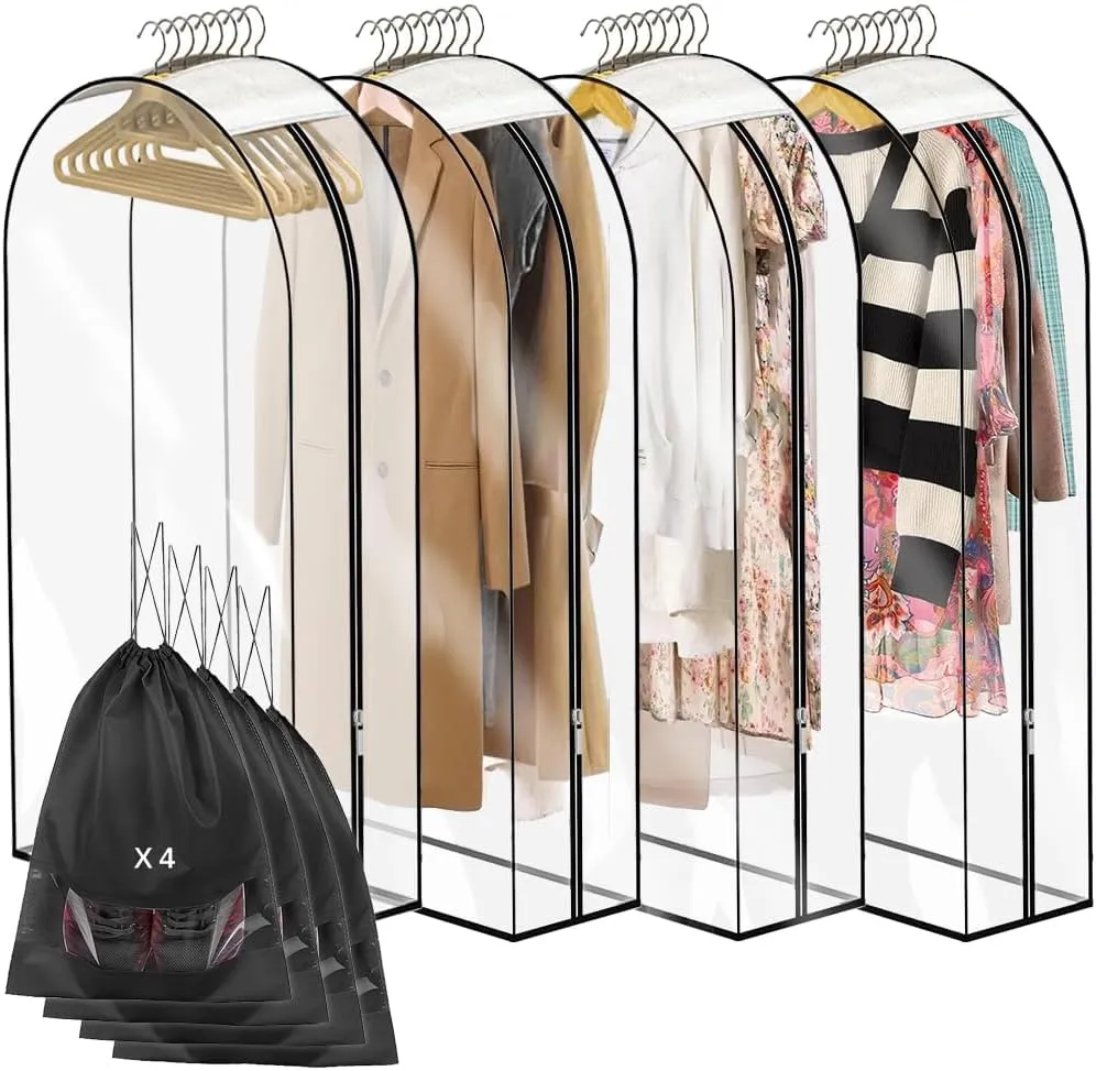 4 PCS 40"Clear garment bags for hanging clothes storage protectors clothes cover for hanging bag with 4 pcs Shoe storage bag (Clear-4PCS)