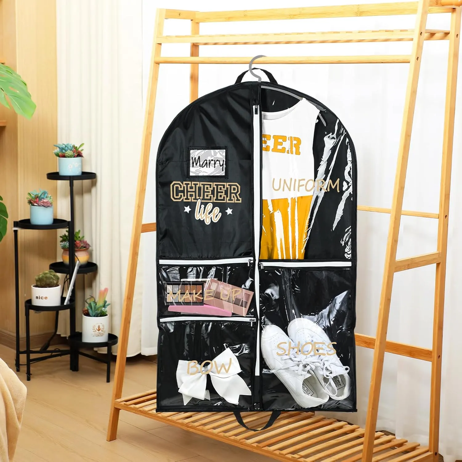 4 Pcs Cheer Garment Bags for Cheerleading Uniform Waterproof Hanging Garment Bags for Dance Costumes 40 Inch with 5 Pockets and Side Zip Travel Storage Cheer Uniform(Black and Gold)