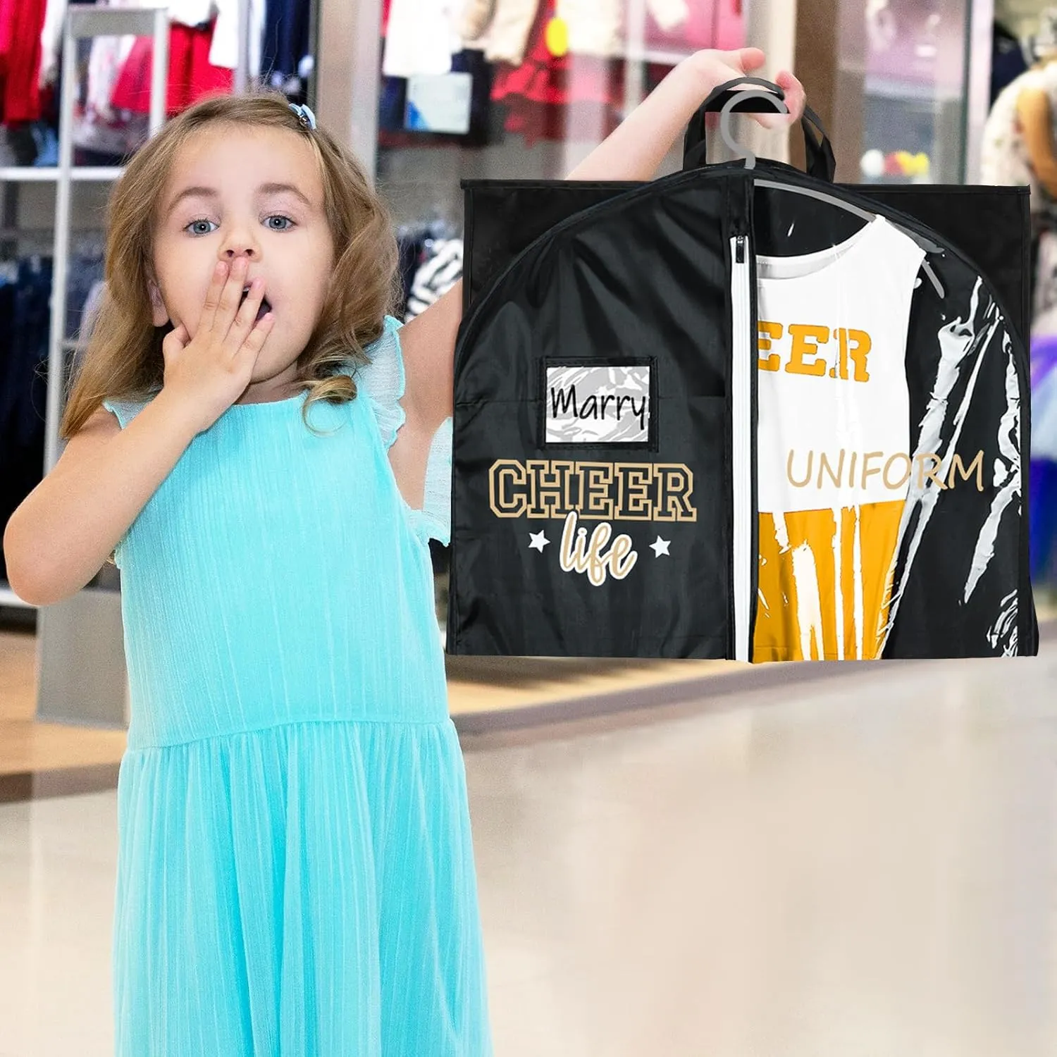 4 Pcs Cheer Garment Bags for Cheerleading Uniform Waterproof Hanging Garment Bags for Dance Costumes 40 Inch with 5 Pockets and Side Zip Travel Storage Cheer Uniform(Black and Gold)