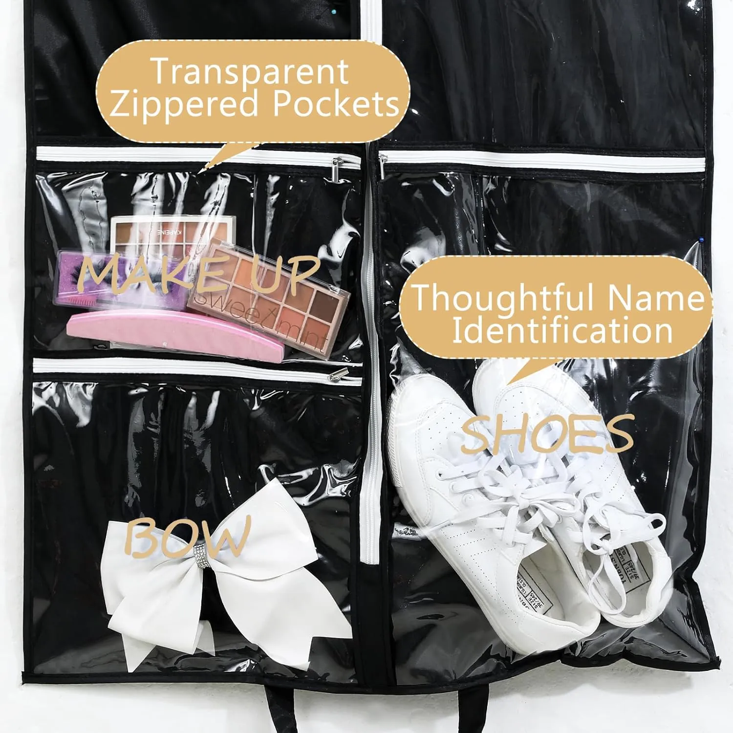 4 Pcs Cheer Garment Bags for Cheerleading Uniform Waterproof Hanging Garment Bags for Dance Costumes 40 Inch with 5 Pockets and Side Zip Travel Storage Cheer Uniform(Black and Gold)