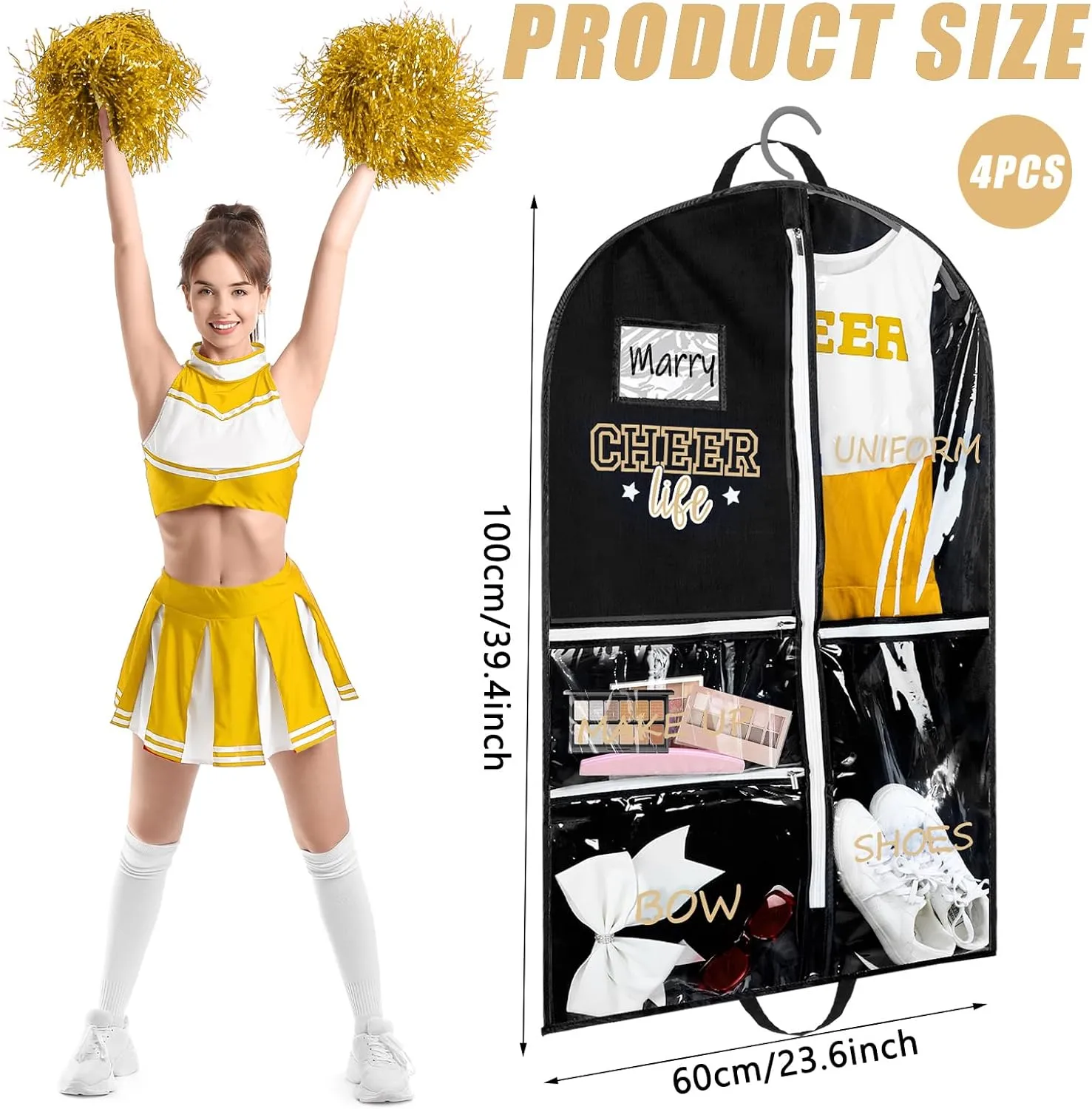 4 Pcs Cheer Garment Bags for Cheerleading Uniform Waterproof Hanging Garment Bags for Dance Costumes 40 Inch with 5 Pockets and Side Zip Travel Storage Cheer Uniform(Black and Gold)