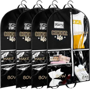 4 Pcs Cheer Garment Bags for Cheerleading Uniform Waterproof Hanging Garment Bags for Dance Costumes 40 Inch with 5 Pockets and Side Zip Travel Storage Cheer Uniform(Black and Gold)
