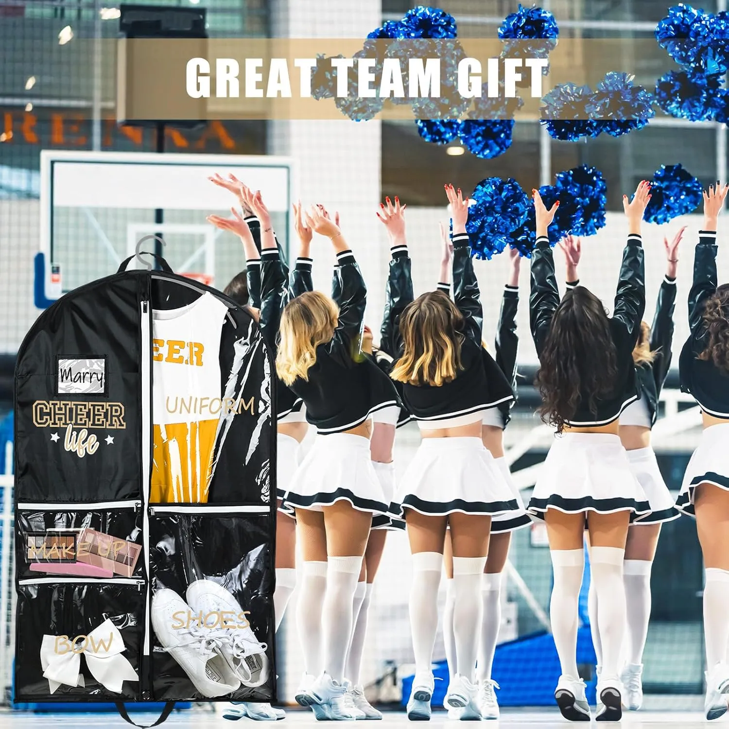 4 Pcs Cheer Garment Bags for Cheerleading Uniform Waterproof Hanging Garment Bags for Dance Costumes 40 Inch with 5 Pockets and Side Zip Travel Storage Cheer Uniform(Black and Gold)