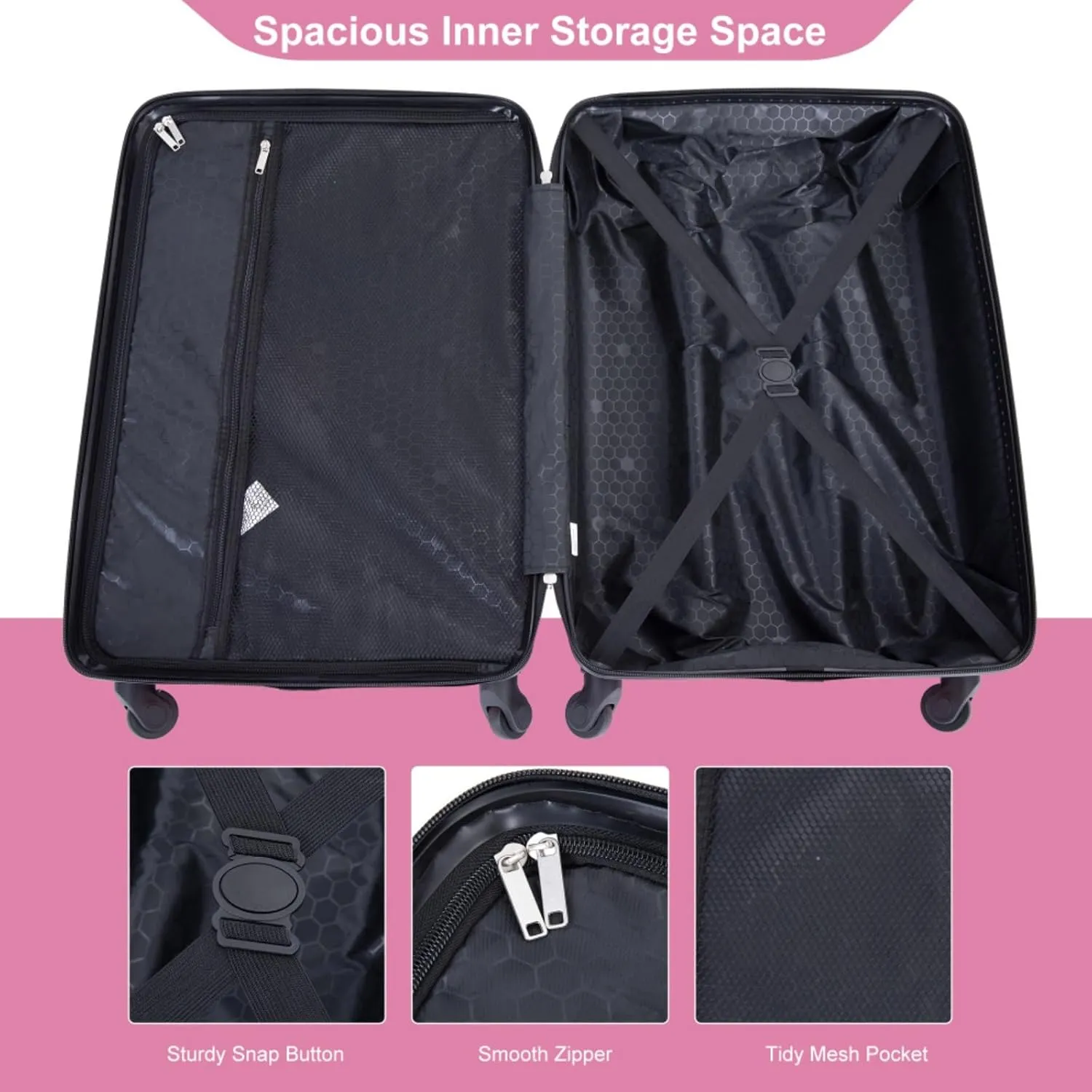 4-Piece ABS Luggage Set (16"/20"/24"/28") - Lightweight Hardshell Suitcases with Lock & 360° Spinner Wheels - Carry-On & Checked Luggage (Pink   ABS)
