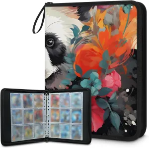 4 Pocket Card Binder, Cute Panda 400 Pockets Collector Album with Zipper Trading Card Binder, Oil Painting Floral Double Sided Pocket Collection Binder