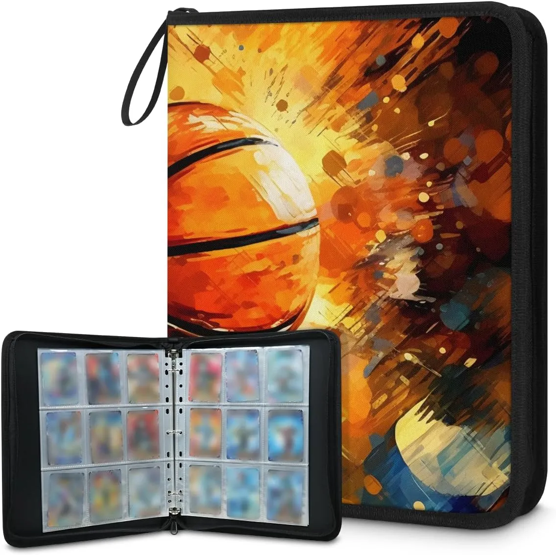 4 Pocket Card Binder, Flame Basketball 400 Pockets Collector Album with Zipper Trading Card Binder, Oil Painting Basketball Double Sided Pocket Collection Binder