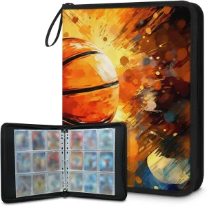 4 Pocket Card Binder, Flame Basketball 400 Pockets Collector Album with Zipper Trading Card Binder, Oil Painting Basketball Double Sided Pocket Collection Binder