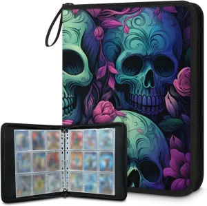 4 Pocket Card Binder, Neon Skull 400 Pockets Collector Album with Zipper Trading Card Binder, Colorful Floral Double Sided Pocket Collection Binder