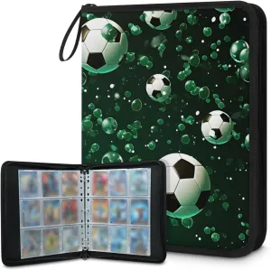 4 Pocket Card Binder, Oil Painting Football 400 Pockets Collector Album with Zipper Trading Card Binder, Cartoon Football Double Sided Pocket Collection Binder