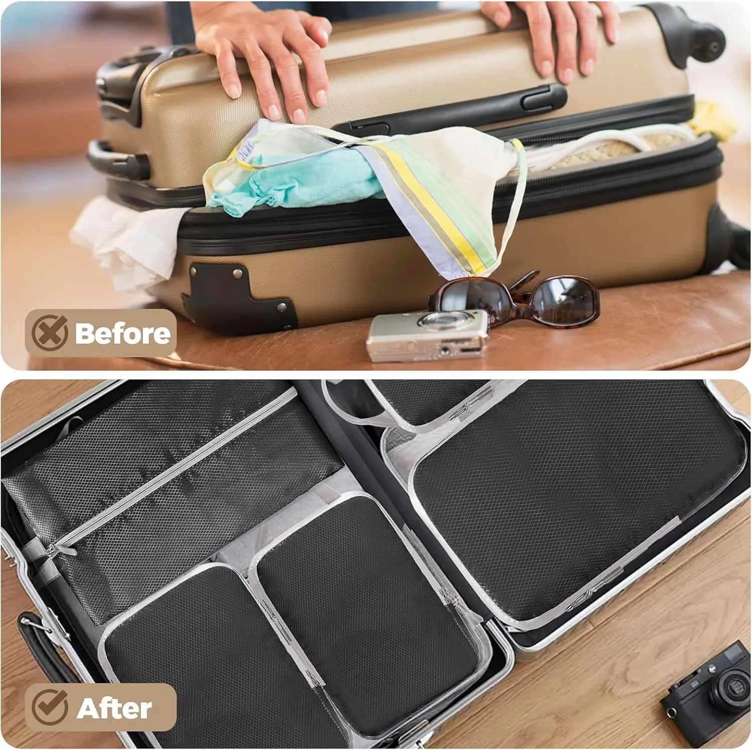 4 Set Compression Packing Cubes for Suitcase - Space-Saving Luggage Organizer Bags, Lightweight Travel Essentials for Efficient Packing (Black)