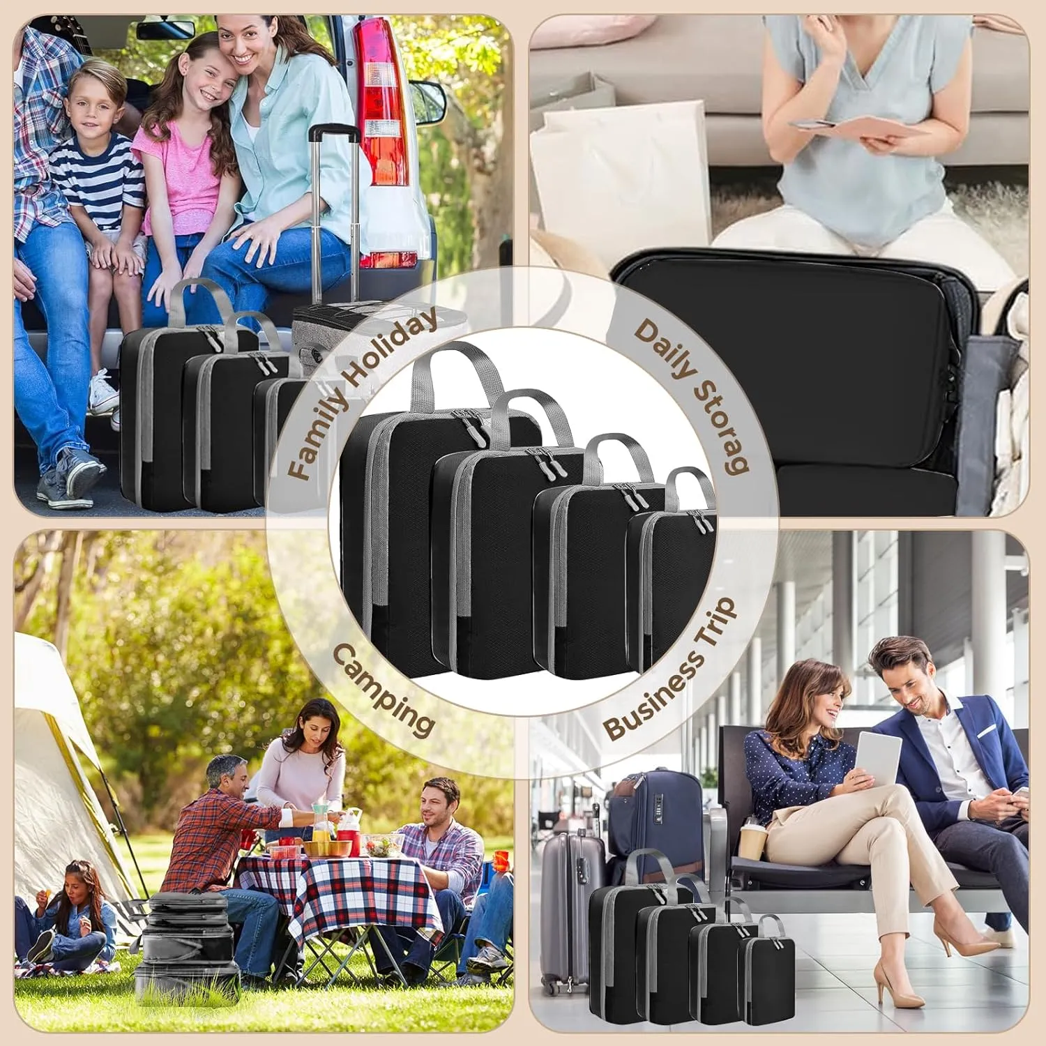 4 Set Compression Packing Cubes for Suitcase - Space-Saving Luggage Organizer Bags, Lightweight Travel Essentials for Efficient Packing (Black)