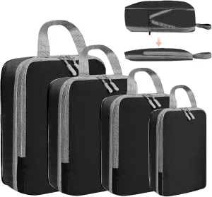 4 Set Compression Packing Cubes for Suitcase - Space-Saving Luggage Organizer Bags, Lightweight Travel Essentials for Efficient Packing (Black)