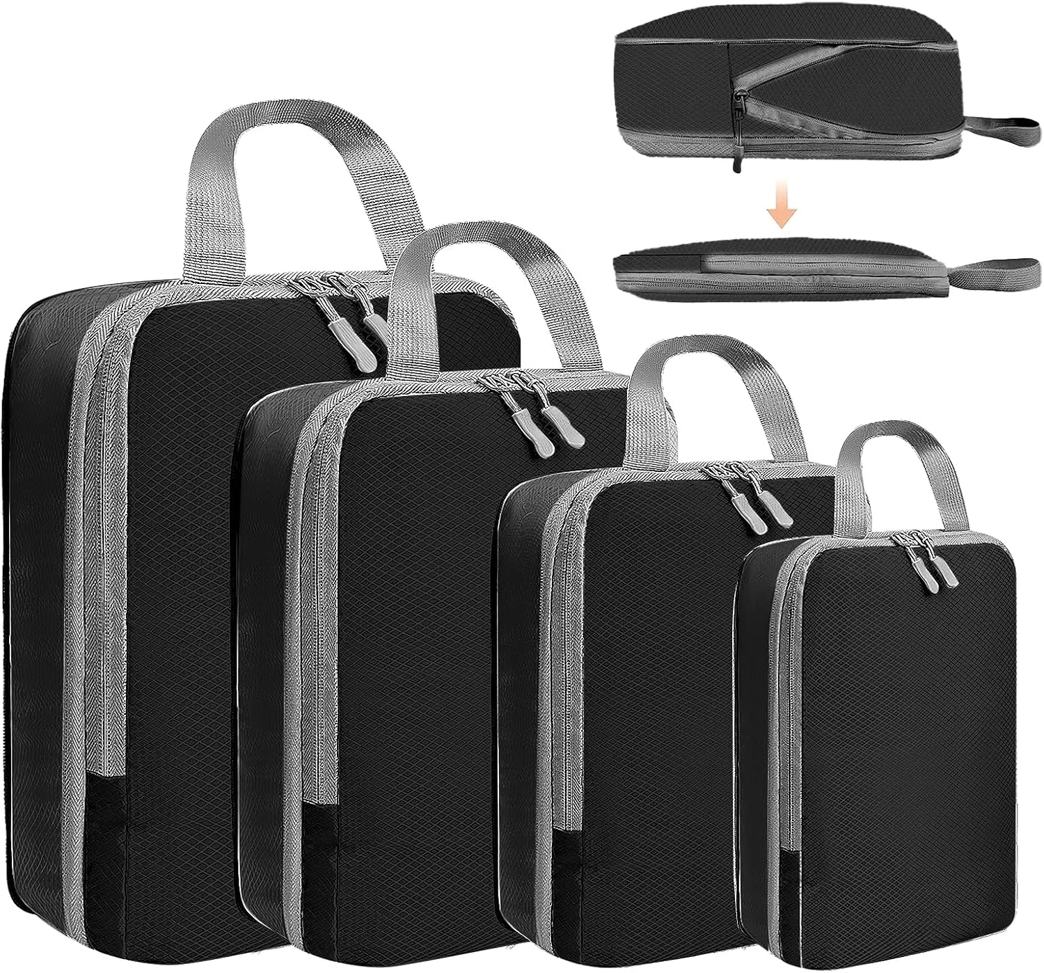 4 Set Compression Packing Cubes for Suitcase - Space-Saving Luggage Organizer Bags, Lightweight Travel Essentials for Efficient Packing (Black)