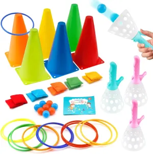 40 PCS 4-in-1 Yard Games Set- Outdoor Indoor Games Activities for Kids Family, Pop and Catch Ball Games, Bean Bags, Ring Toss, Soft Plastic Cone Games, Gift for Party Favors/Camping Yard/Backyard Toys