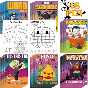 48 Pieces Halloween Mini Activity Books for Kids, Halloween Mini Fun and Games, Challenging Activities Include Mazes, Word Search, Word Scramble and More for Halloween Party Supplies